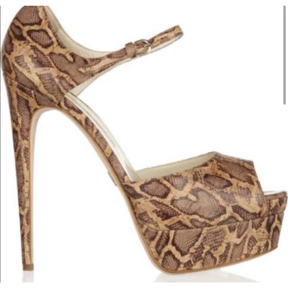 BRIAN ATWOOD NEW TRIBECA SNAKE-PRINT CORK-effect LEATHER PEEP TOE SZ 40 9.5 - Picture 1 of 9